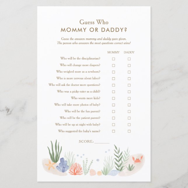 Lámina Bajo el mar Baby Shower adivina quién es mamá o pa (Anverso)