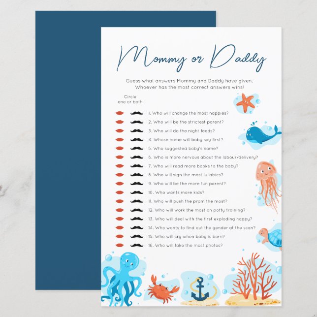 Lámina Bajo el mar Baby Shower adivina quién es mamá o pa (Anverso / Reverso)