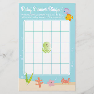 Lámina Bajo el mar Juego de Bingo Baby Shower azul y verd