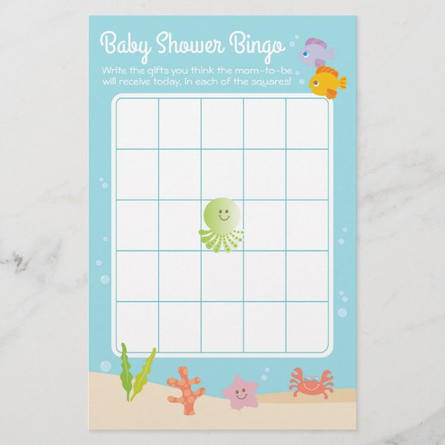Lámina Bajo el mar Juego de Bingo Baby Shower azul y verd (Anverso)