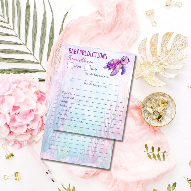 Lámina Bajo el mar la tortuga rosa consejos para predecir (Under the sea cute turtle pink purple baby predictions and advice for parents baby shower game card)