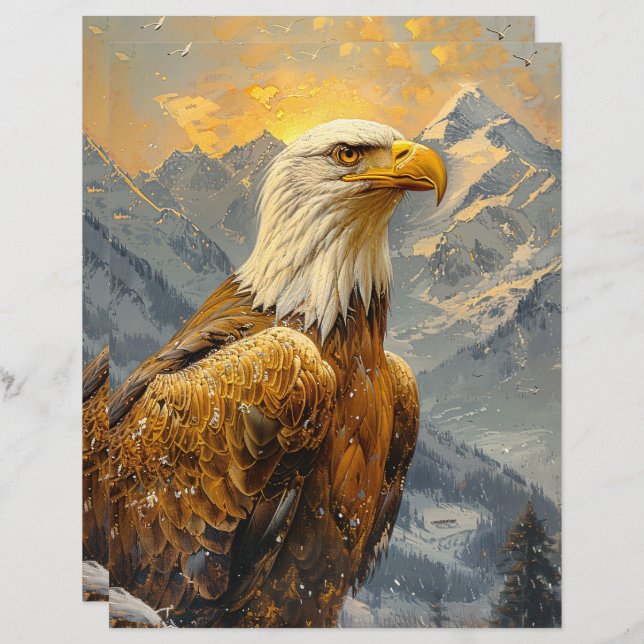 Lámina Bald Eagle Watercolor Mountains Papel de cartón (Anverso / Reverso)