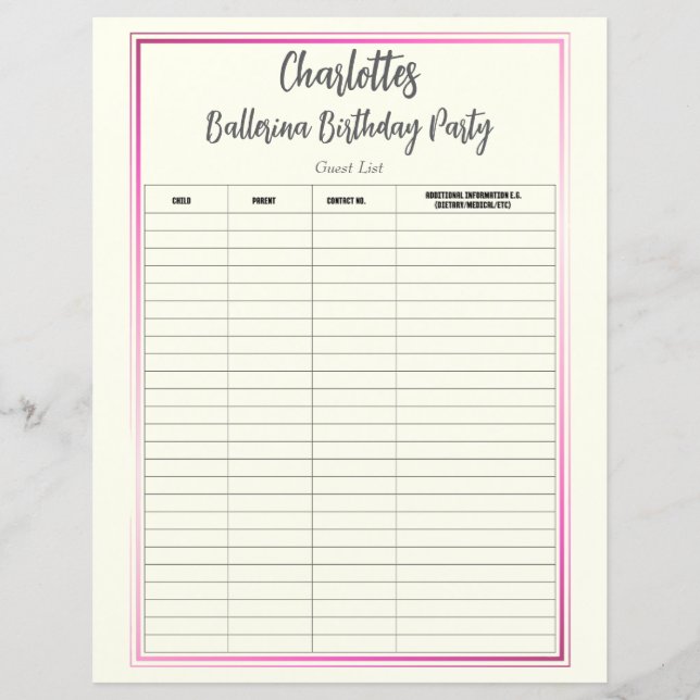 Lámina Ballerina Birthday Party Guest List (Anverso)