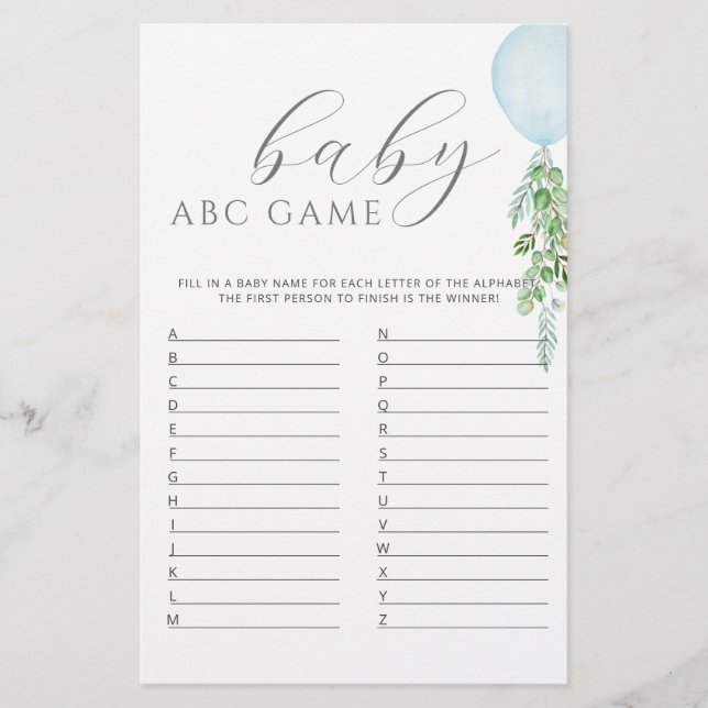 Lámina Balón azul Baby Shower Game ABC (Anverso)