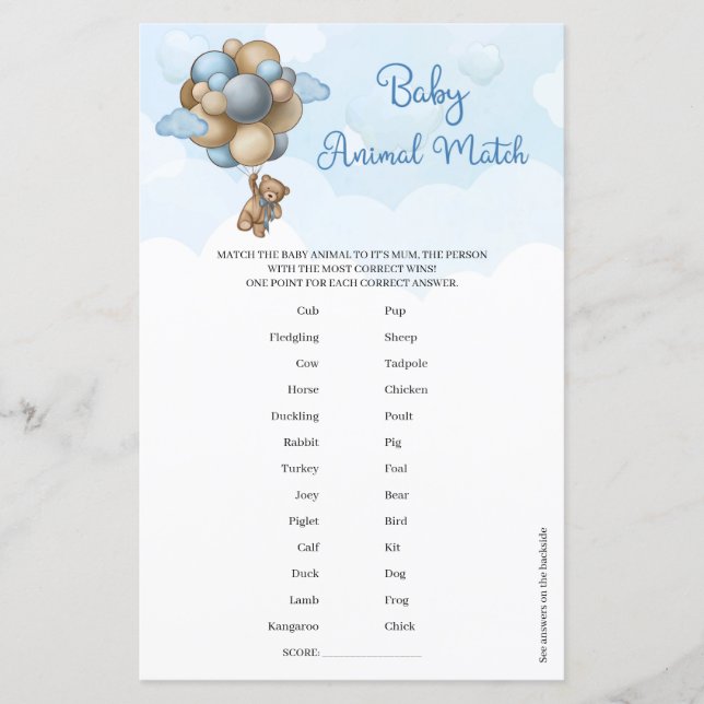 Lámina Balones azules de peluche Baby Animal Match (Anverso)