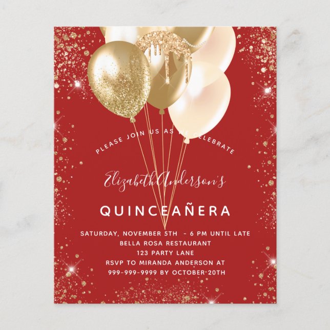 Lámina Balones purpurinas de oro rojo Quinceanera (Anverso)