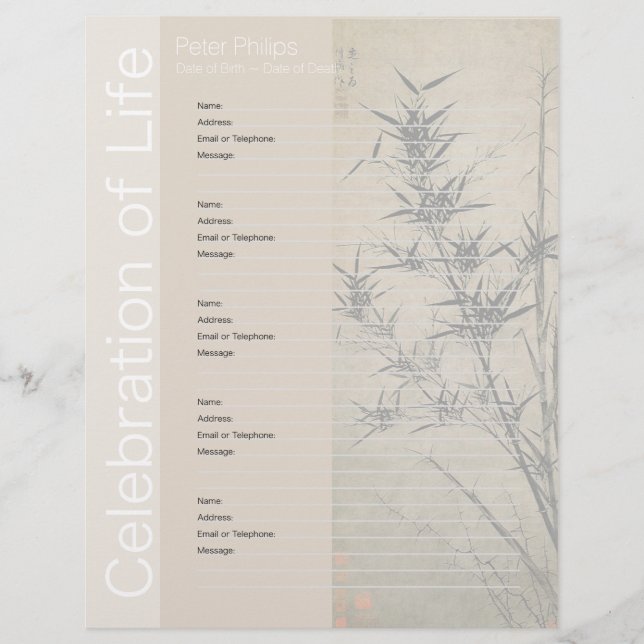 Lámina Bamboo 2 Memorial Guest Book - Binder Filler Pages (Anverso)