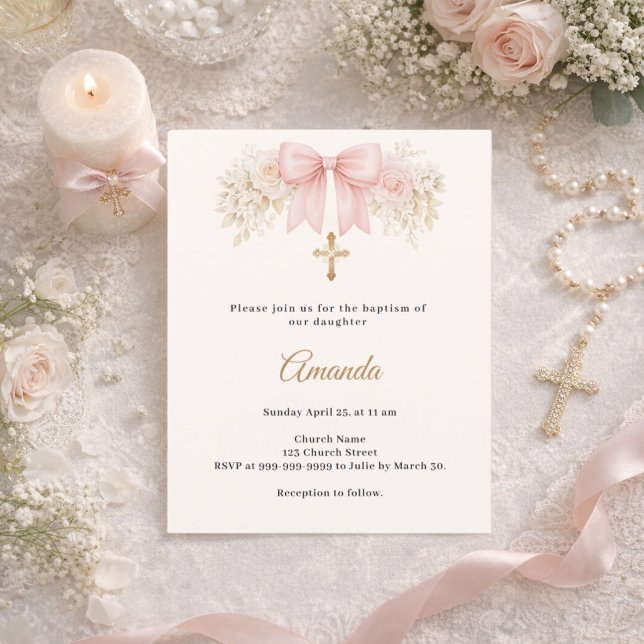 Lámina Baptism Bow Blush Pink Florals Cross Invitation (Subido por el creador)
