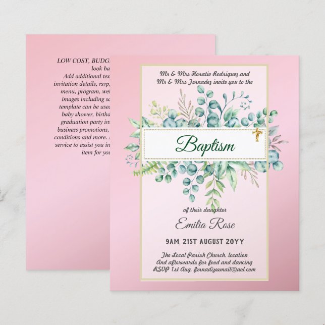 Lámina BAPTISM Christening Greeneration Lees Invita (Anverso / Reverso)