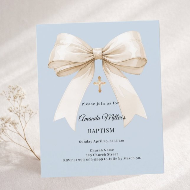 Lámina Baptism dusty blue beige bow boy invitation (Subido por el creador)
