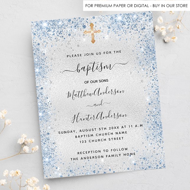 Lámina Baptism silver blue twins boys budget invitation (Subido por el creador)