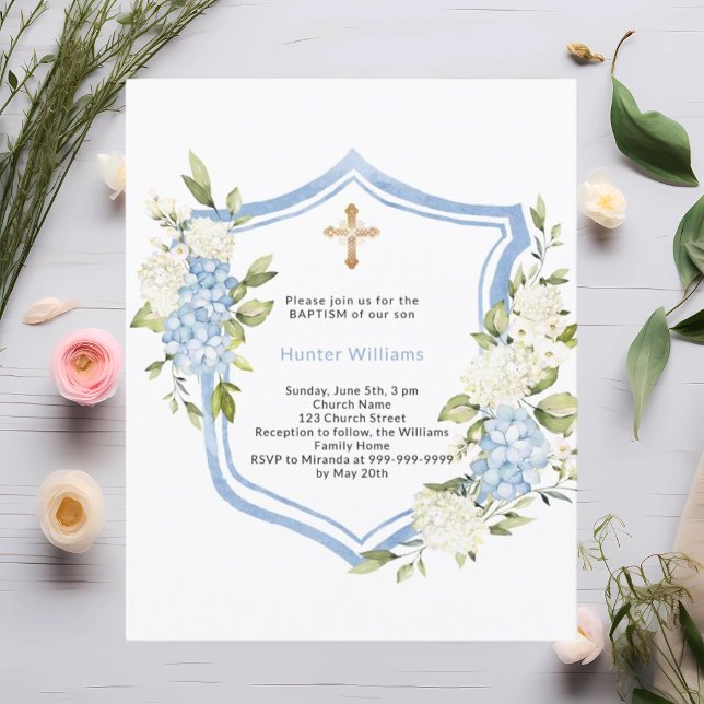 Lámina Baptismo escudo flores azules invitación de niño (Subido por el creador)