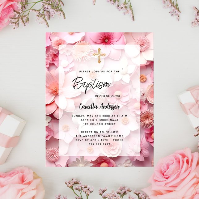 Lámina Baptismo flores rosadas ruidosas chica invitación  (Subido por el creador)