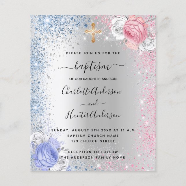 Lámina Baptismo niño chica invitación rosa azul plata (Anverso)
