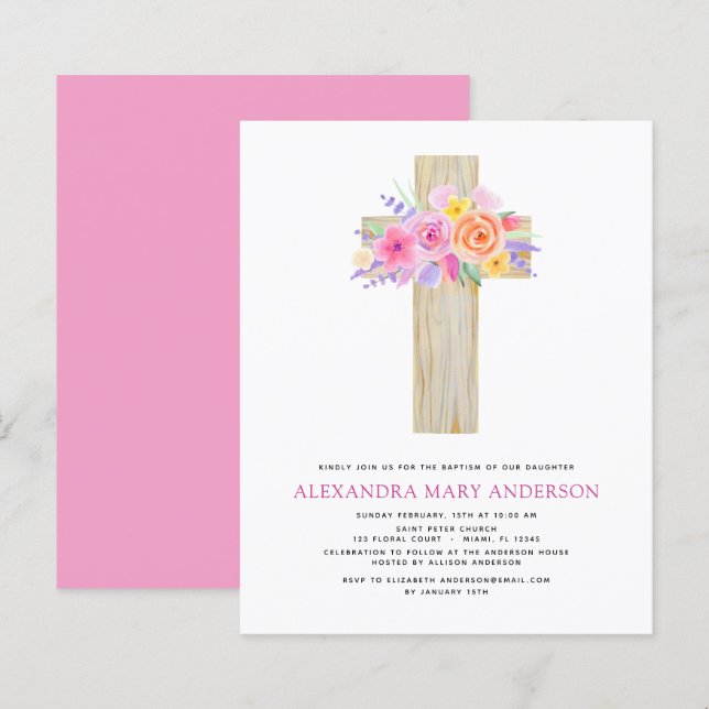 Lámina Baptismo Presupuestario Pastel Floral Cruz rosa Ro (Anverso / Reverso)