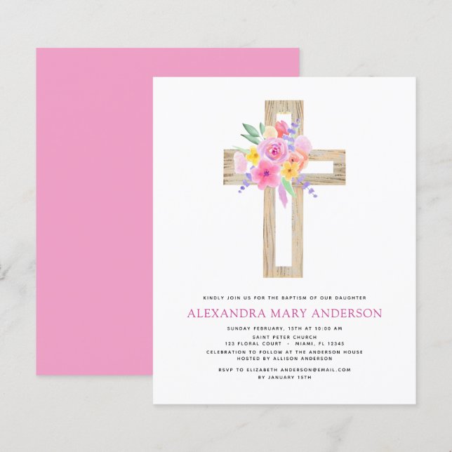 Lámina Baptismo Presupuestario Pastel Floral Cruz rosa Ro (Anverso / Reverso)