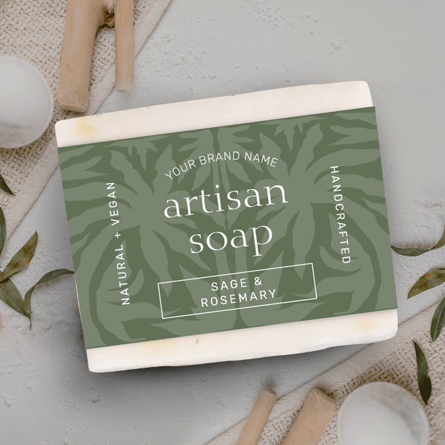 Lámina Baraja de jabón verde sabio moderna envuelta alred (Trendy sage green soap bar bellyband template with elegant serif fonts and modern layout)