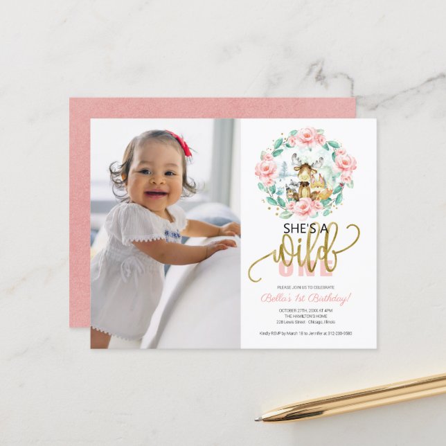 Lámina Barata Invitación de Cumpleaños Número Uno con Fot (Anverso/Reverso In Situ)