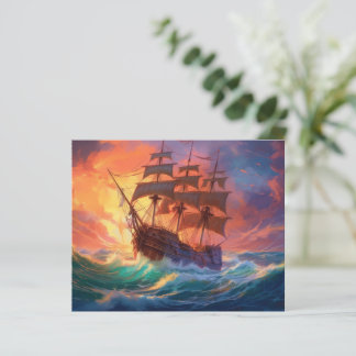 Lámina Barco De Navegación En El Mar De Tormenta