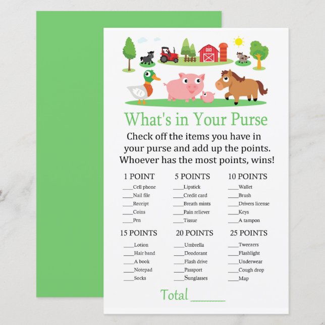 Lámina Barnyard ¿Qué hay en tu juego de bolso? (Anverso / Reverso)