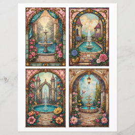 Lámina Baroque style water fountain scenes paper cards