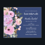 Lámina Bat Mitzvah Blue Floral Water Bat<br><div class="desc">Invitación a Mitzvah con fondo azul del Boho Lavender color de agua con flores rosadas</div>