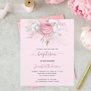 Lámina Bautismo chica floral rosa elegante invitación bla