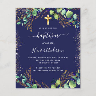 Lámina Bautismo eucalipto verde marina invitación azul