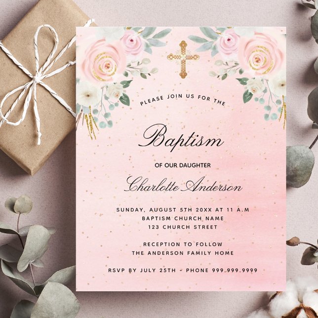 Lámina Bautismo presupuestal invitación floral rosada (Subido por el creador)
