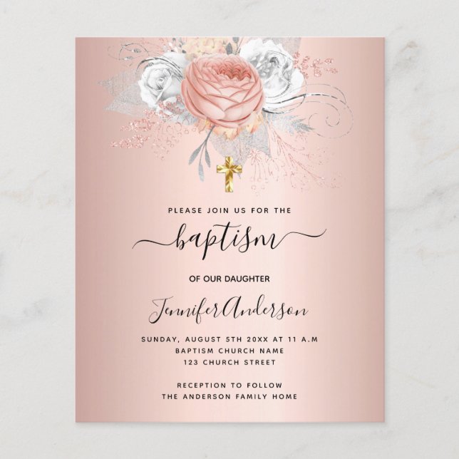 Lámina Bautismo rosa florines de oro invitación chica (Anverso)