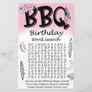 Lámina BBQ Juego de búsqueda de palabras de cumpleaños