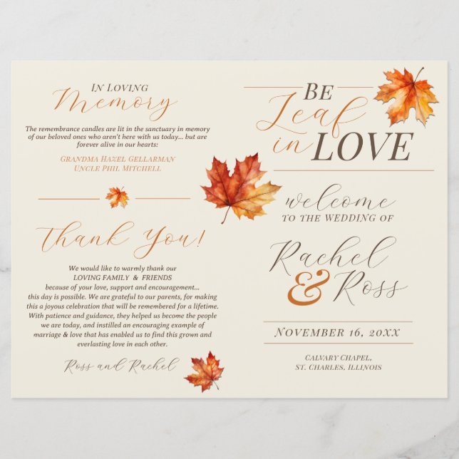 Lámina Be Leaf In Love Rust Fall Wedding Ceremony Program (Anverso)