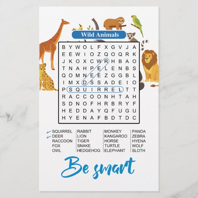 Lámina Be Smart – Wild Animals Word Search (Anverso)