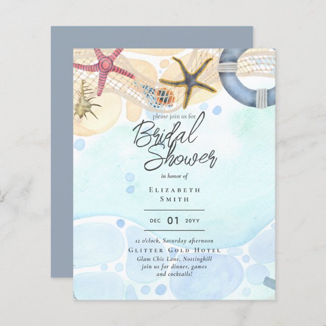 Lámina Beach Bridal Shower Coastal Invitación Náutica (Anverso / Reverso)