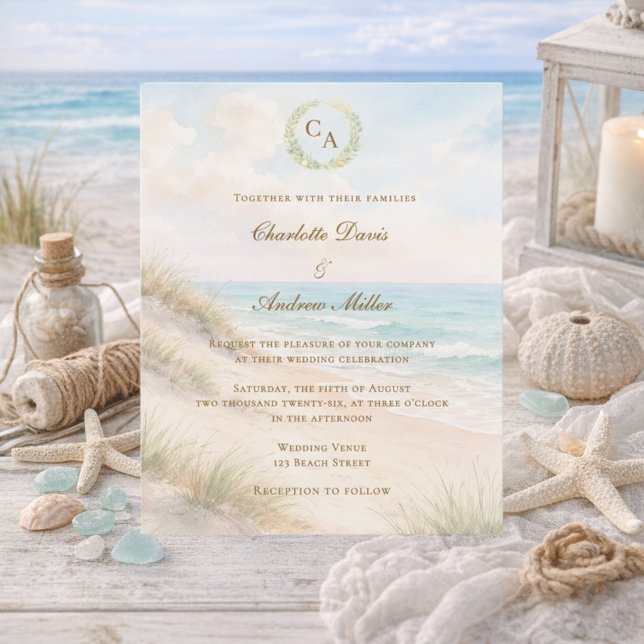Lámina Beach coastal monogrammed wedding invitation (Subido por el creador)