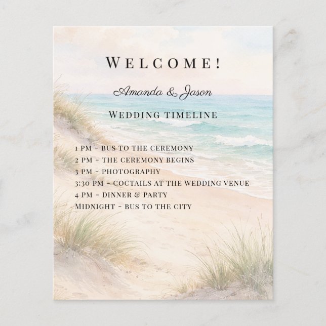 Lámina Beach coastal wedding program timeline (Anverso)