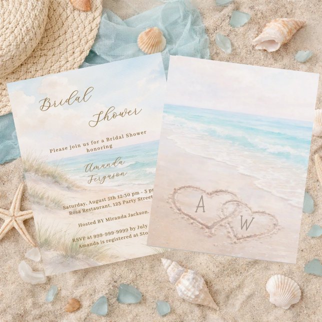 Lámina Beach hearts initials Bridal Shower invitation (Subido por el creador)