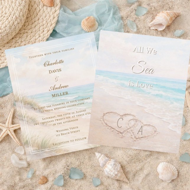 Lámina Beach hearts sand initials wedding invitation (Subido por el creador)