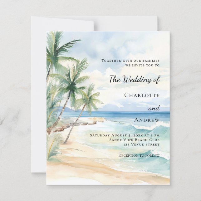 Lámina Beach tropical palm destination wedding invitation (Anverso)