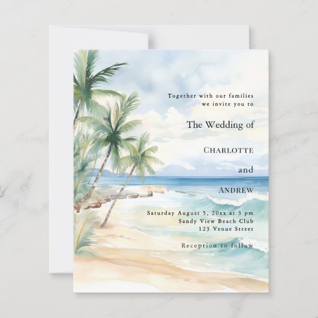 Lámina Beach tropical palm destination wedding invitation (Anverso)
