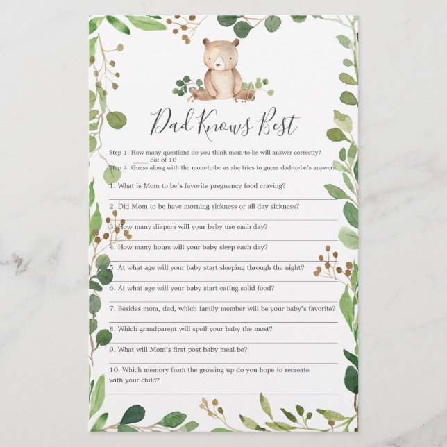 Lámina Bear Baby Shower Dad conoce mejor juego (Anverso)