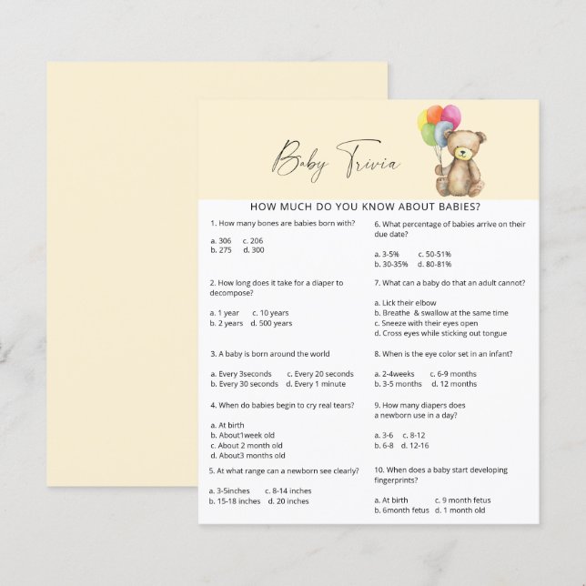 Lámina Bear - Baby Trivia | Juego Baby Shower (Anverso / Reverso)
