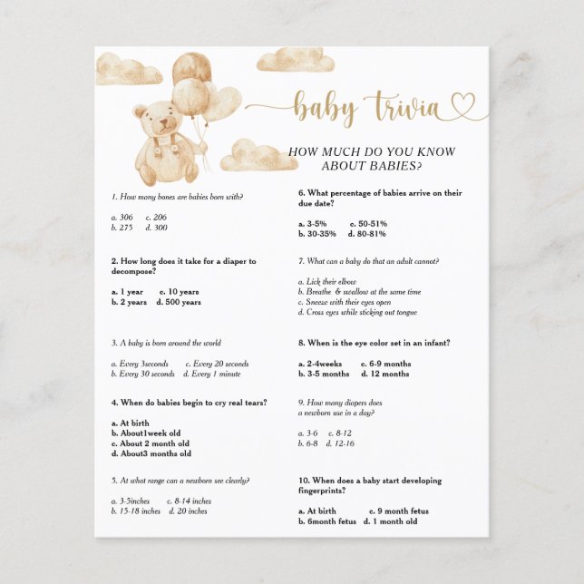 Lámina Bear Baby Trivia | Juego Baby Shower (Anverso)