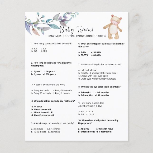 Lámina Bear Baby Trivia | Juego Baby Shower (Anverso)