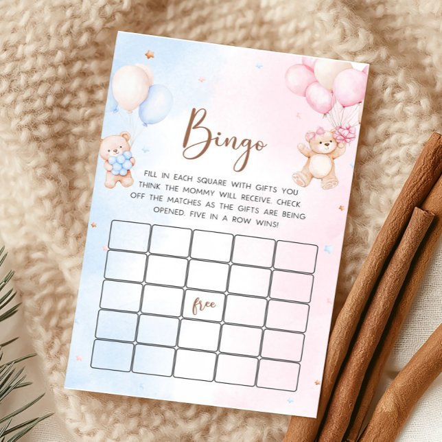 Lámina Bear Balloon Gender Reveal Bingo Game (Bear Baby Shower Game)