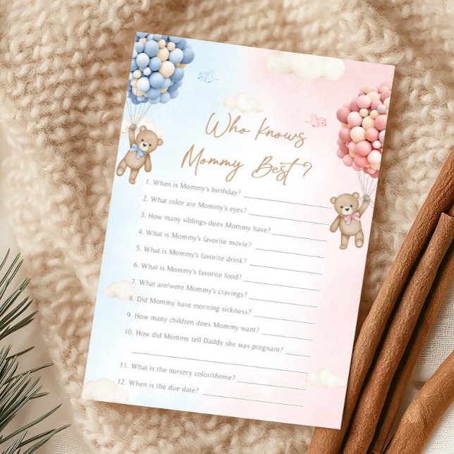 Lámina Bear Balloon Gender Reveal Who knows Game (Bear Gender Reveal Game)