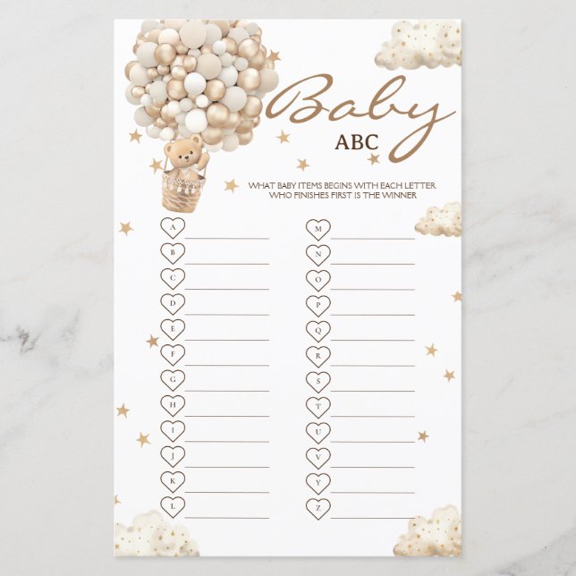 Lámina Bear Balloons Bearly Wait Baby Shower Juego ABC (Anverso)