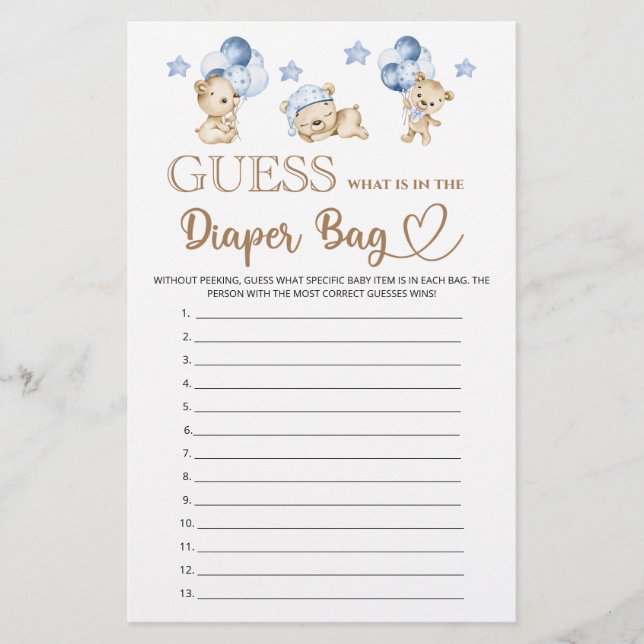 Lámina Bear boy baby ducha lo que hay en la bolsa de paña (Anverso)