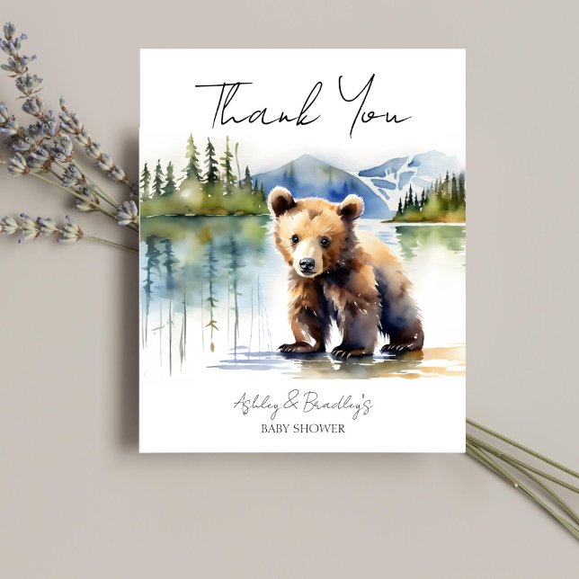 Lámina Bear cub adventure espera la ducha de bebé gracias (Adventure awaits bear cub baby shower thank you card watercolor cute baby bear Alaska wilderness )