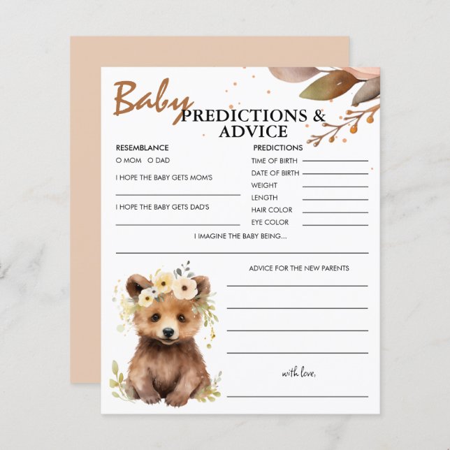Lámina Bear Cub Woodland Baby Predictions & Advance Card (Anverso / Reverso)